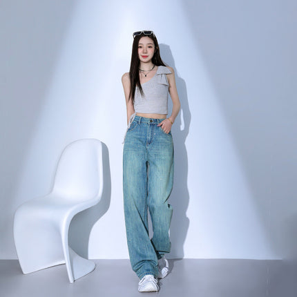 American Style Hot Drilling Peacock Green Straight Jeans Women's Spring and Summer 2025 New High Waist Loose Slimming Narrow Wide Leg Pants