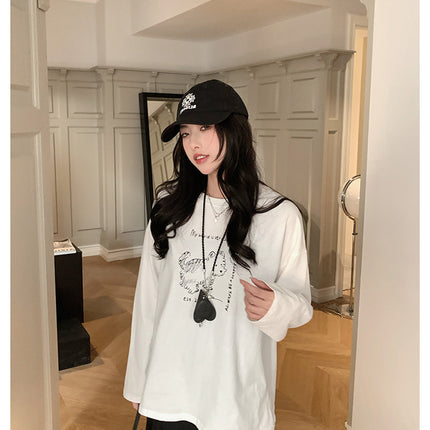 Baishi Wang Scrub Hand-painted Dog Brushed Cotton T-shirt Women's Spring Top Loose All-match Raglan Sleeve Base Shirt