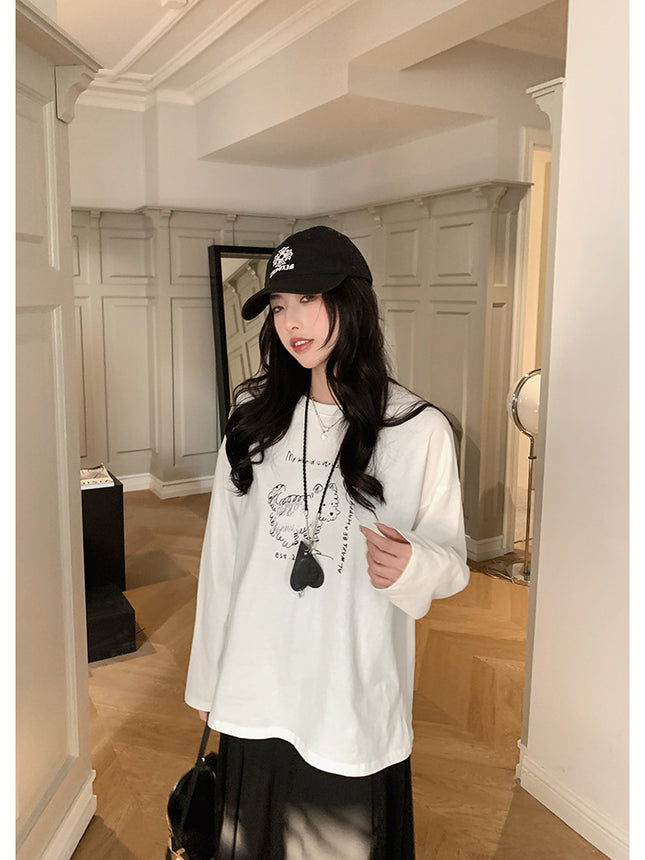 Baishi Wang Scrub Hand-painted Dog Brushed Cotton T-shirt Women's Spring Top Loose All-match Raglan Sleeve Base Shirt