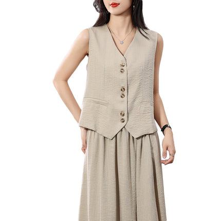 Linen V Neck Vest Cardigan for Women 2025 Summer New Pure Color Sleeveless with Pockets Layered Loose Waistcoat Top