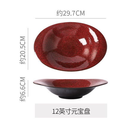 Personalized wine red ceramic restaurant hotel tableware embossed exquisite fruit pastry tray tea tray household dish salad bowl