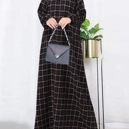 In-Stock Women's Cotton-Linen Vintage Long-Sleeve Plaid Round-Neck Floor-Length Dress Casual Loose Spring and Autumn Robe