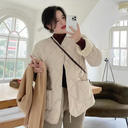 2025 Collarless Lamb Wool Spliced Diamond Plaid Winter K-Style Loose Small Fragrance Style Warm Cotton Coat Women's Cold Protection