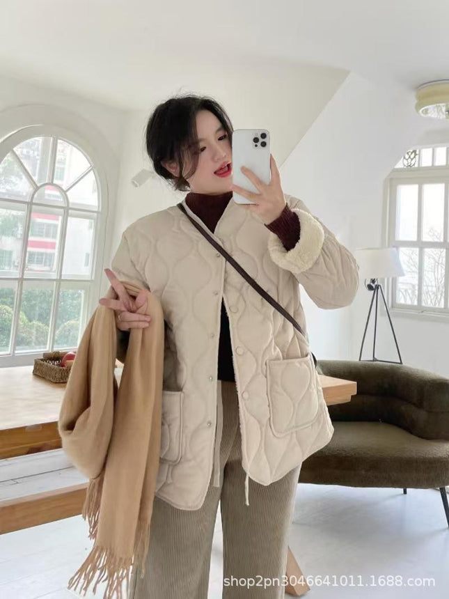 2025 Collarless Lamb Wool Spliced Diamond Plaid Winter K-Style Loose Small Fragrance Style Warm Cotton Coat Women's Cold Protection