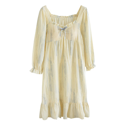 Ink Style Crepe Long Sleeve Long Dress Nightgown Spring and Autumn Women's Pure Cotton Yarn with Chest Pad Summer dress Pajamas