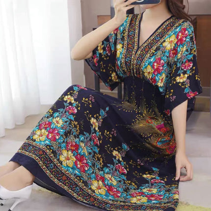 Cross-border ethnic style V-neck cotton silk short-sleeved beach skirt Thailand travel dress summer printed holiday floral skirt
