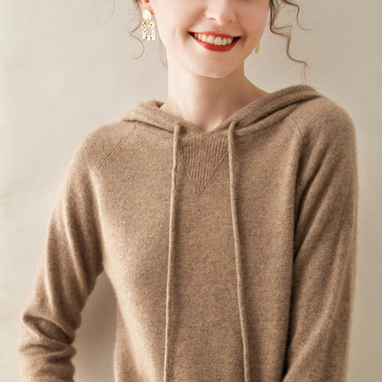 High-grade cashmere sweater women's autumn and winter New hoodie can be worn outside hooded solid color cashmere sweater loose drawstring sweater