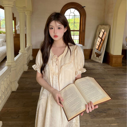 [Cheese Long Dress] Spring and Summer New Jacquard Girl's Short-sleeved Long Dress Pajamas Women's Thin Fairy Style Home Clothes