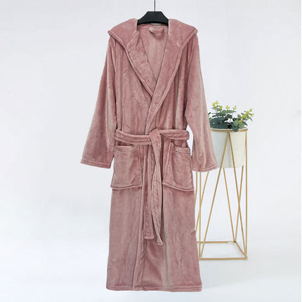 New autumn and winter plain hooded bathrobe flannel home casual nightgown extended thick couple bathrobe wholesale