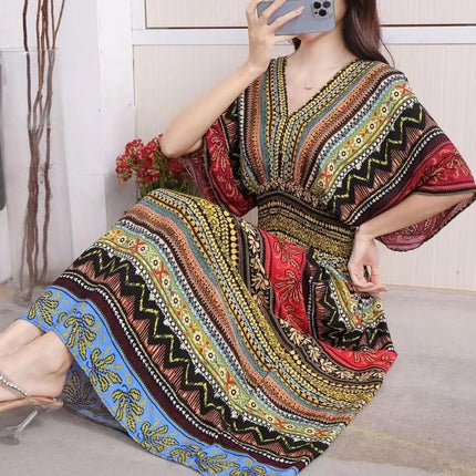 Cross-border ethnic style V-neck cotton silk short-sleeved beach skirt Thailand travel dress summer printed holiday floral skirt
