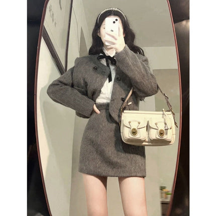 Thickened Spring and Winter Woolen suit Women's Fragrant Style Celebrity Elegant Slimming Short Coat High Waist Skirt Two-piece Set