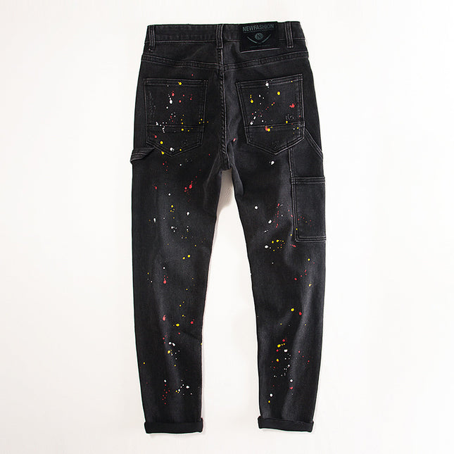 European Station Ripped Patch Splash Ink Black Jeans Men's Slim Fit Small Feet Elastic Spray Paint Design Sense Trendy Brand