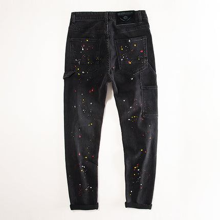 European Station Ripped Patch Splash Ink Black Jeans Men's Slim Fit Small Feet Elastic Spray Paint Design Sense Trendy Brand