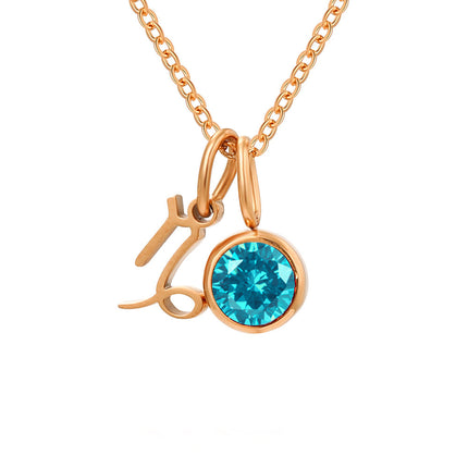 Cross-Border European and American Twelve Zodiac Signs Three-Dimensional Fashion Necklace, Light Luxury Colorful Rhinestone Birthstone Necklace, Stainless Steel Jewelry