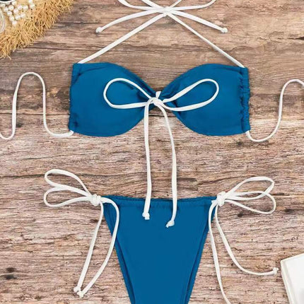 2024 New Cross-border European and American Bikini Swimsuit Lace-up Solid Color Sexy Swimsuit for Women