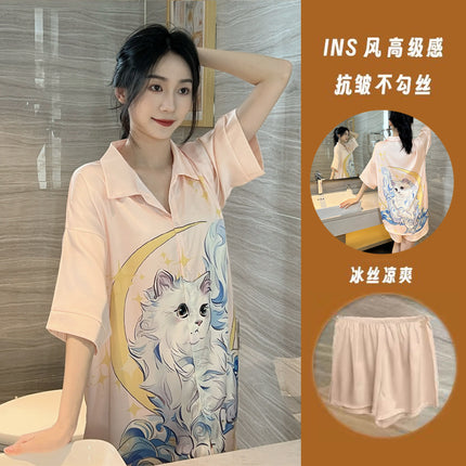 Summer New Style Fashionable Pure Lust Sexy Ice Silk Shirt Pajamas Loose High-End Home Wear Suit for Women