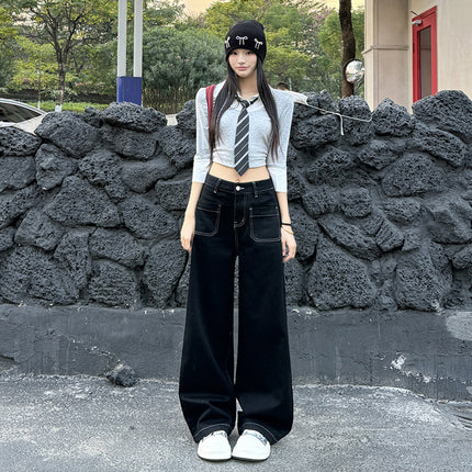 Off-White Double Pocket American Straight-Leg Jeans for Women 2025 Autumn and Winter New High-Waisted Slimming Loose Wide-Leg Pants
