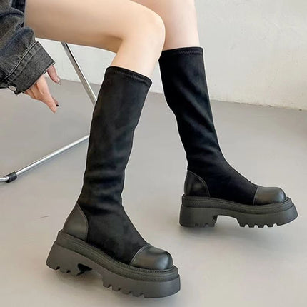 Long Boots for Women 2025 New Thick-Soled High Elastic Boots Retro Boots for Women Autumn and Winter Fleece-Lined High-Heeled Slim Boots