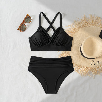 2025 New European and American Bikini Cross-border Trade Solid Color Pleated High Waist Sexy Bikini Split Swimwear