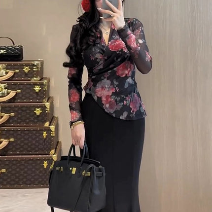 Korean Style Asymmetrical Cross-Waist V Neck Floral Shirt for Women Spring and Autum New Slim Slim Short Top Ins