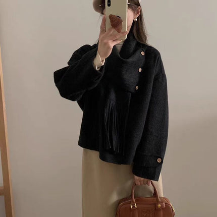 2024 New Tassel Scarf Collar Removable Two-Wearing Double-Sided Wool Coat Small Loose Wool Jacket