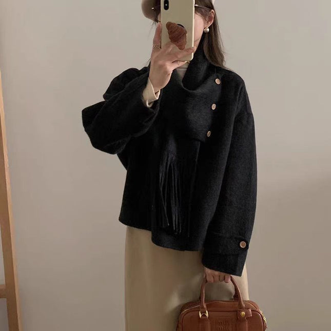 2024 New Tassel Scarf Collar Removable Two-Wearing Double-Sided Wool Coat Small Loose Wool Jacket