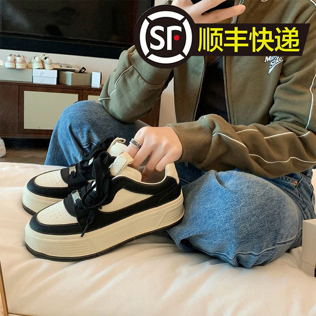 Cowhide ~ Genuine Leather White Shoes for Women, Round Toe, Color Matching Platform Shoes, Thick Soles, Heightening Casual Sports Shoes, Versatile Lace-Up Sneakers