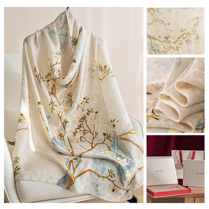 Silk Scarf with Korean Style Atmosphere, New Spring and Summer Printed Lightweight Mulberry Silk Scarf for Women, Versatile Large Shawl