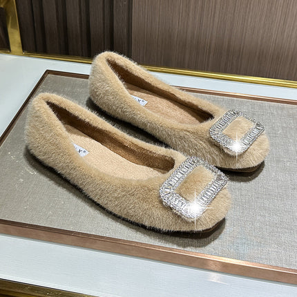 2025 Winter New Furry Shoes for Women, Winter Infrared Wear Fleece-Lined Bean Shoes, Black Cotton Scoop Shoes, Flats Warm Singles