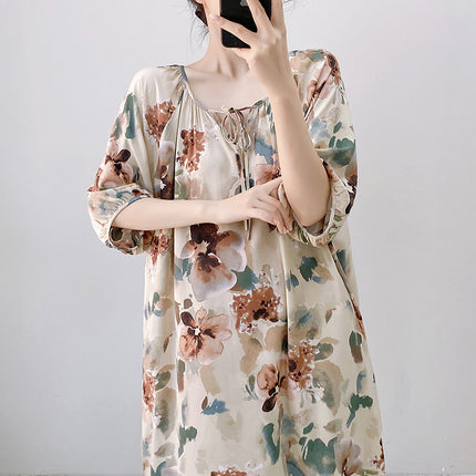 Mishiti Cotton Silk New Chinese Style Short-Sleeved Nightgown for Women, Summer Thin Style, National Style Cotton Silk Home Wear, Can Be Worn Outside