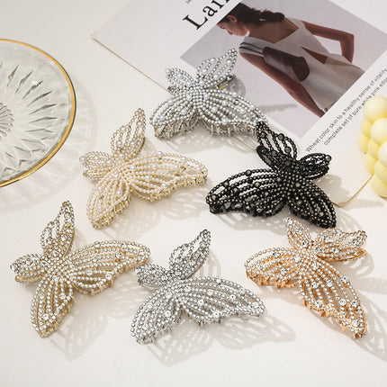 Butterfly Pearl Rhinestone hair clip women's back head updo elegant hair grip luxury headdress hair volume shark clip