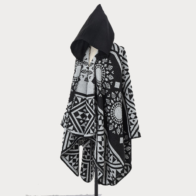 Ethnic Style Hooded Cape Shawl for Women, Fashionable and Stylish Thickened Version, Warm Outerwear for Travel and Photography Scarf