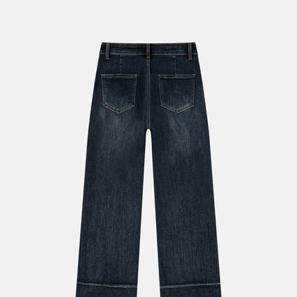 Blue-Gray Straight-Leg Fleece-Lined Towel Bottom Special Embroidered Jeans for Women, Winter 2025, High-Waisted, Slimming, Petite, Cropped Cigarette Pants