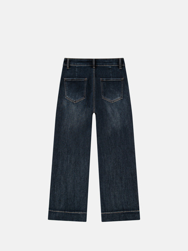 Blue-Gray Straight-Leg Fleece-Lined Towel Bottom Special Embroidered Jeans for Women, Winter 2025, High-Waisted, Slimming, Petite, Cropped Cigarette Pants
