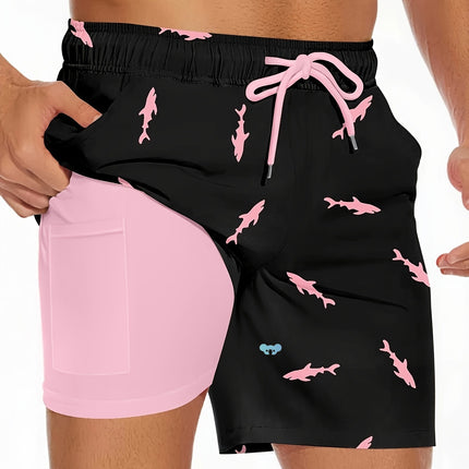 Men's Shark Pattern 2 in 1 Board Shorts with Drawstring and