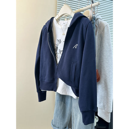Autumn and Winter New High Waist Embroidered Short Top Double Head Zipper Casual Hooded Sweater Cardigan Small Women's Coat