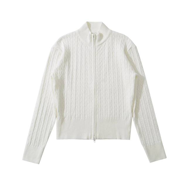 Foreign Trade 2026 Spring European and American Fashion Slim-Fit American Retro Stand-Up Collar Double Zipper Cable Knit Sweater for Women U23168