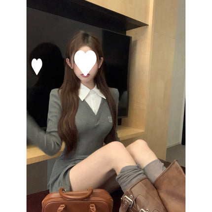 College Style Fake Two-Piece Shirt Dress for Women in Autumn and Winter, Pure Lust, Sexy Hip-Hugging, Beautiful Little Mom Short Skirt with Inner Skirt