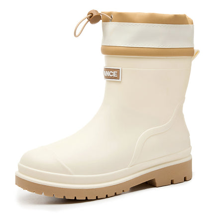 Women's Fashionable Outdoor Drawstring Rain Boots with Thick Soles, Waterproof and Non-Slip Kitchen Work Rain Boots, Warm Rubber Shoes