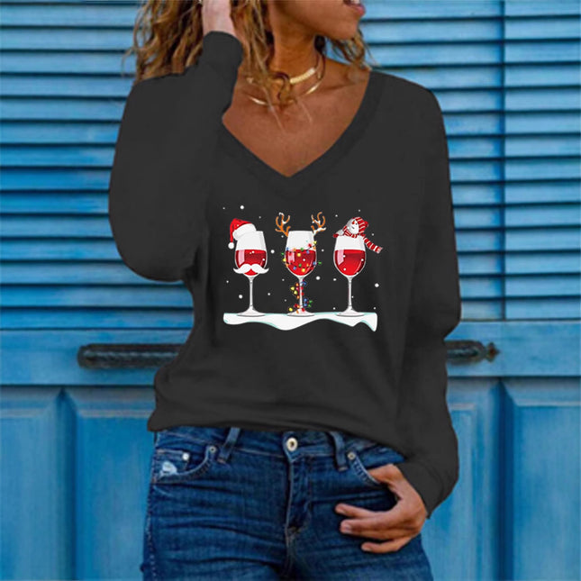 New Color European and American Amazon Aliexpress Christmas Three Wine Glass Printed Long-Sleeved Versatile Christmas Women's T-Shirt