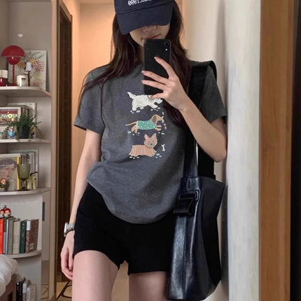 Internet Celebrity Cartoon Dog Print Pure Cotton Short-Sleeved T-Shirt for Women 2025 Summer New Style Right Shoulder Round Neck Sexy Top