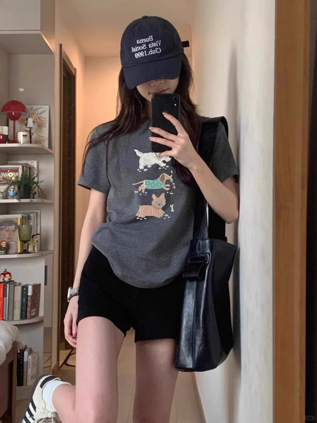 Internet Celebrity Cartoon Dog Print Pure Cotton Short-Sleeved T-Shirt for Women 2025 Summer New Style Right Shoulder Round Neck Sexy Top