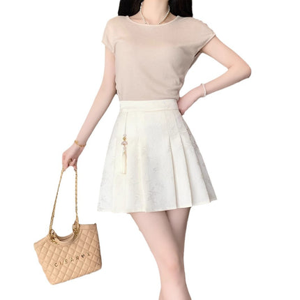 New Chinese A- line Skirt Skirt Women's Early Autumn Black Skirt New Hip Skirt High Waist Slimming Pleated Skirt Free Shipping