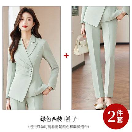 2025 Spring European and American Foreign Trade Green Slim Fit Small Suit Set Front Desk White Collar Workwear Wide-Leg Pants Suit Set