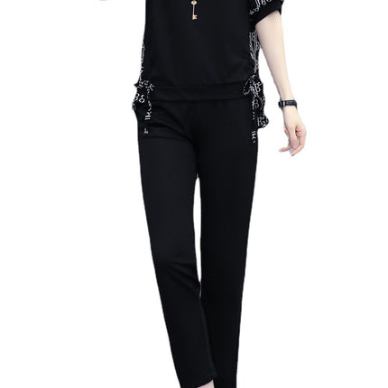 Summer New Large Size Women's Clothing Fashion Stitching Trendy Printed Clothing New Casual Elegant Short-sleeved Cropped Pants Two-piece Set