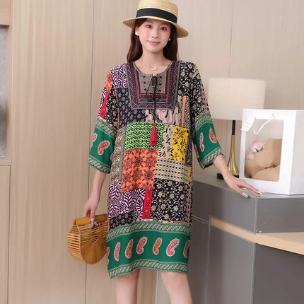 Extra Large Size Ethnic Style Round Neck Three-Quarter Sleeve Dress Loose Embroidered Flower Cotton Silk Travel Beach Skirt for Women
