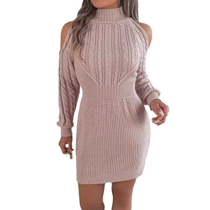 2026 Autumn/Winter Casual Off-Shoulder Half-High Collar Cable Knit Lantern Sleeve Bodycon Sweater Dress Independent Cross-Border Women's Fashion