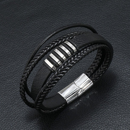 European and American Cross-Border Retro Multi-Layer Leather Hand-Woven Beaded Fashion Simple Personalized Magnetic Buckle Men's Leather Bracelet