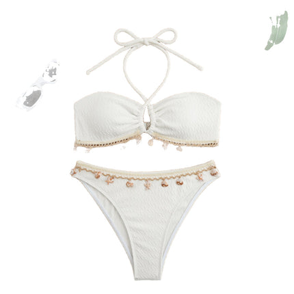 Cross-Border European and American New Bikini Shell Pendant Sexy Strap Halterneck Pure Color Swimsuit Swimsuit Women's Bikini