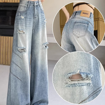 American Retro Ripped Jeans for Women, Summer Style, Loose Wide-Leg Pants, High-Waisted Floor-Length Pants, Washed Design Pants